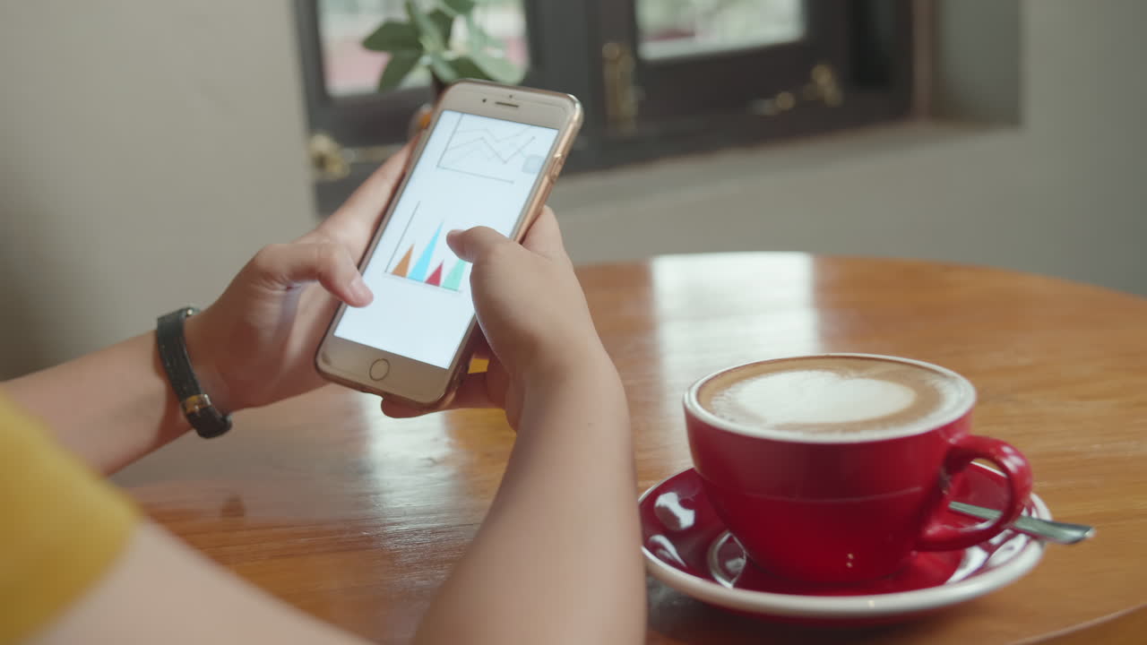 Hand'S Girl Using Phone With Analyzing Graph And A Cup Of Coffee