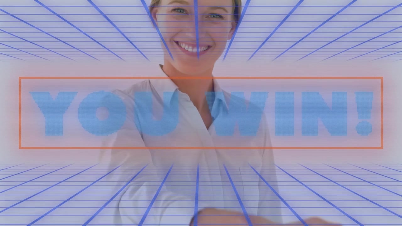 Animation of you win text over smiling businesswoman shaking hands