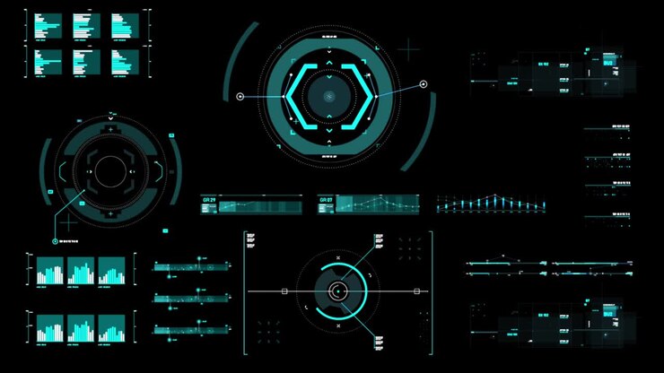 Target pointer and Futuristic user interface HUD GUI digital text number element for cyber technology concept with shallow depth of field dark and grain processed