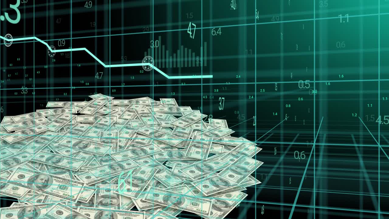 Animation of financial data processing over american dollar bills