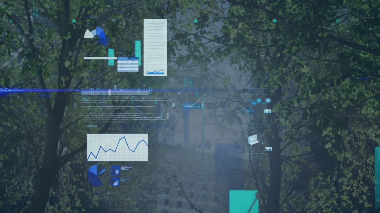 Render 3D mostrando datos holográficos flotando sobre ramas de parque soleadas con gráficos de UI.