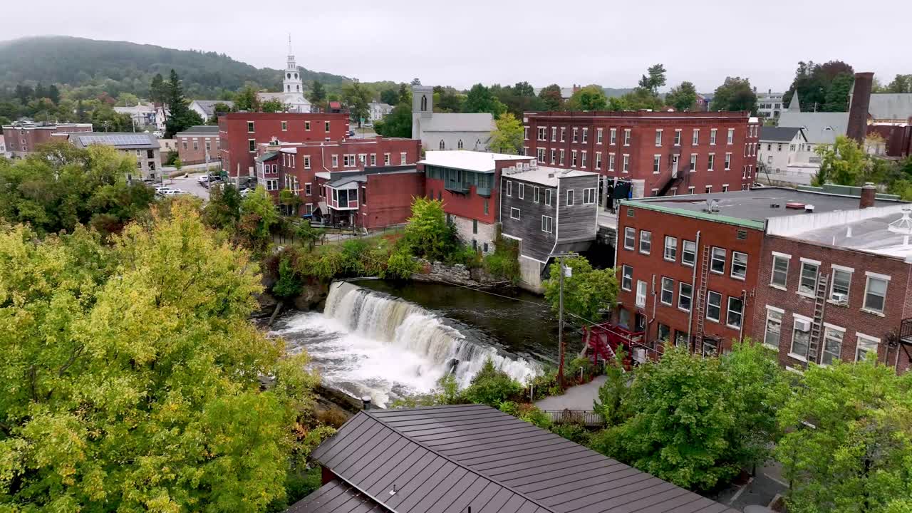 aerial over Middlebury Falls in Middlebury Vermont