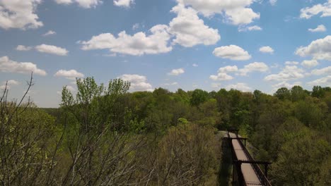 Flying-over-the-trees,-slightly-missing-branches-on-the-way,-at-the-Greenway-in-Clarksville,-Tennessee