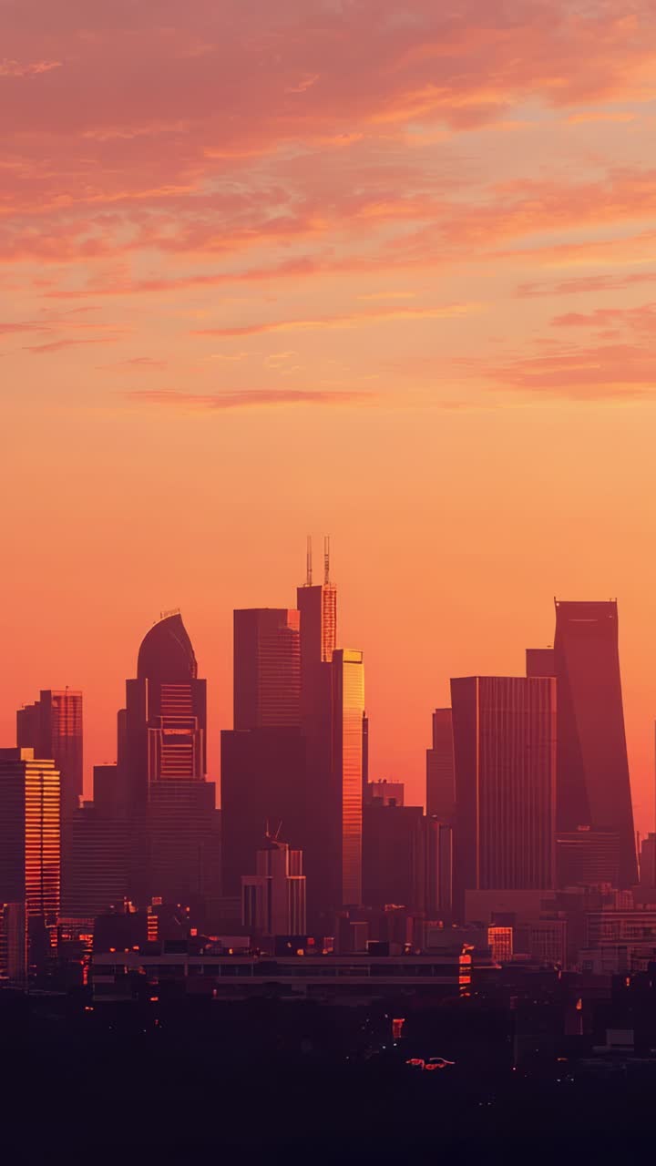 Vertical video: Sinking sun casting warm light on downtown skyline from rooftop, glinting on glass