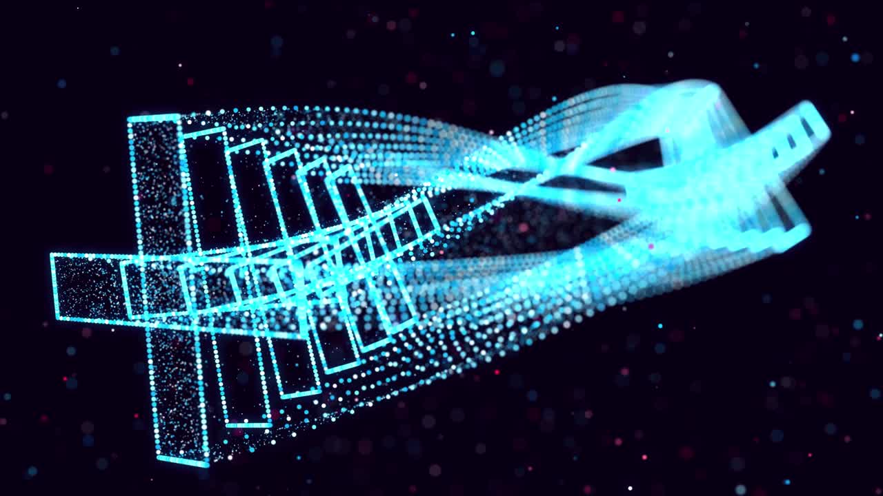 추상적인 반이는 입자는 공간에서 3d 객체를 형성합니다. 가상 디지털 공간의 bg로 vj 루프를 교차합니다. 입자는 빅 데이터, 네트워크 또는 vr 공간의 개념으로 holoram 모양을 형성합니다.