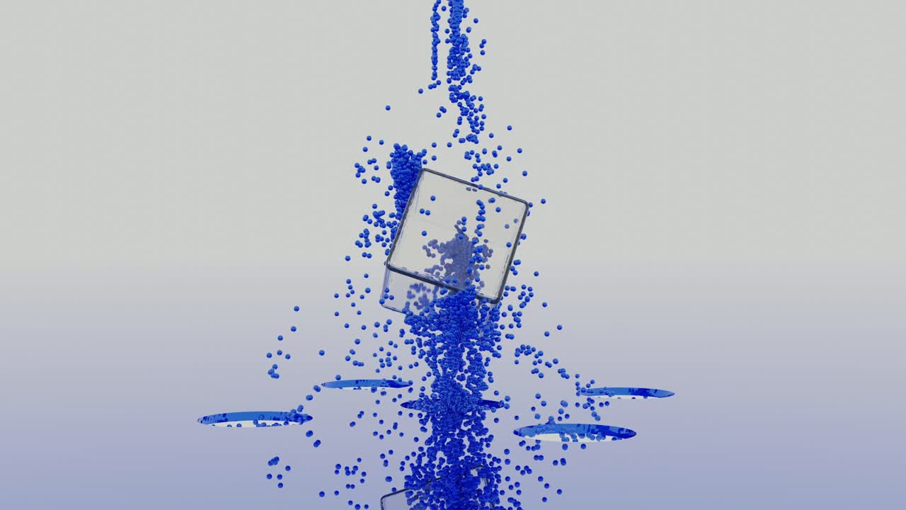 유리 큐브에 떨어지는 파란 구의 추상적인 3d 렌더링