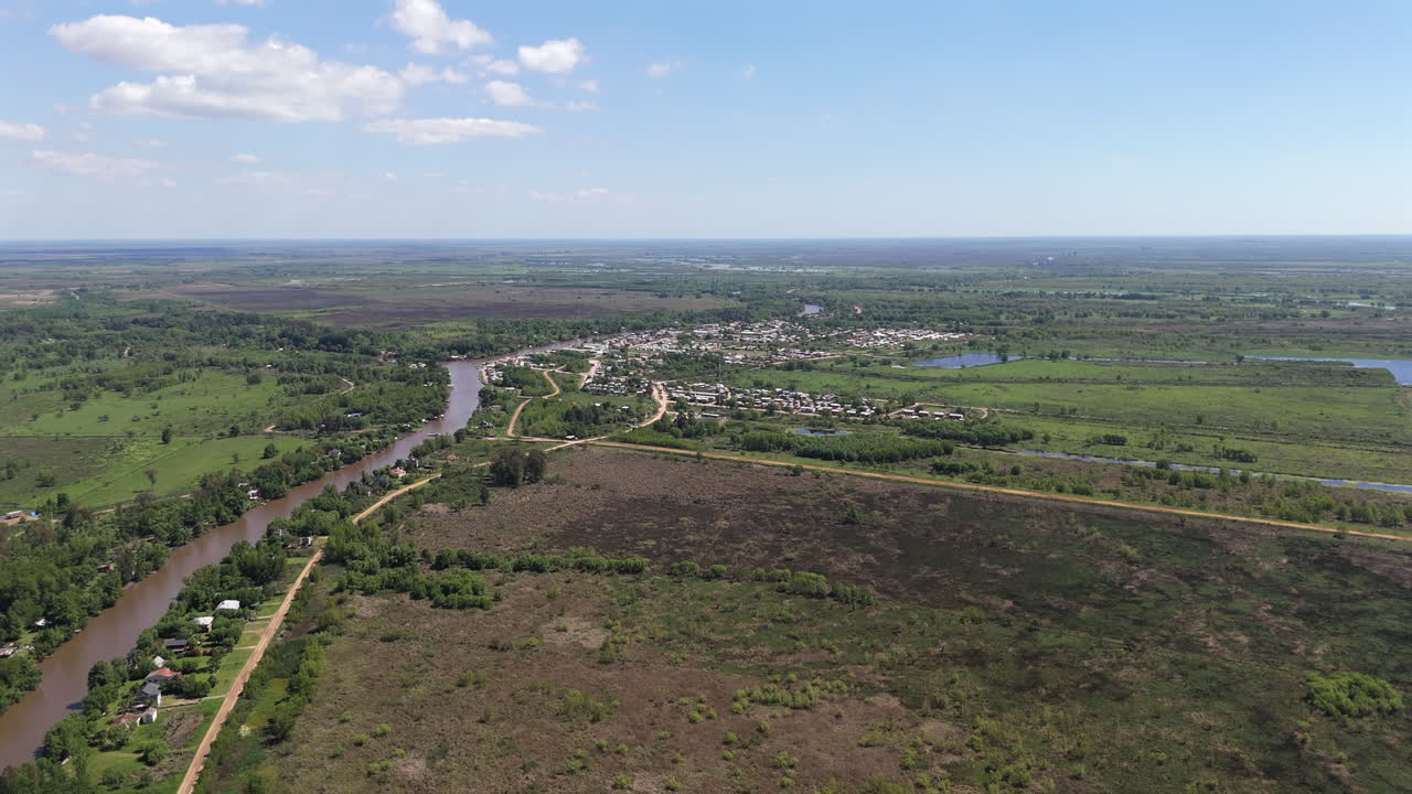 Aerial view of rural village on banks of Parana River, Buenos Aires Province, Argentina