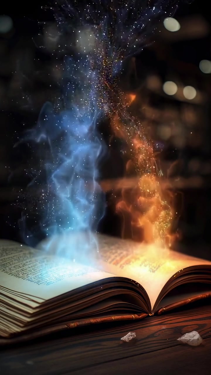 Magisches offenes Buch mit leuchtender blauer und oranger Energie