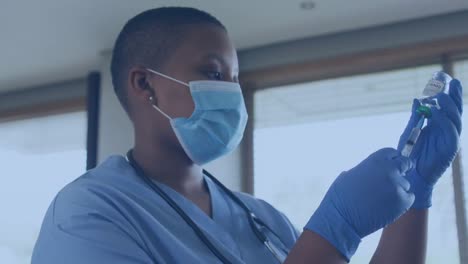 Animation-of-white-molecules-over-female-doctor-holding-syringe-and-vaccination