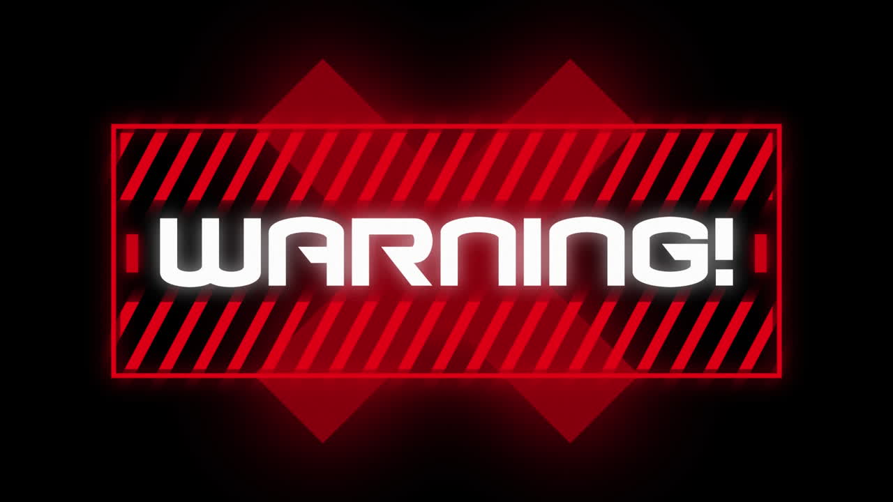 Animation of the word Warning written in red frame on black background.