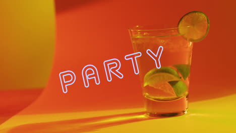 animation of party neon text and cocktails on orange background