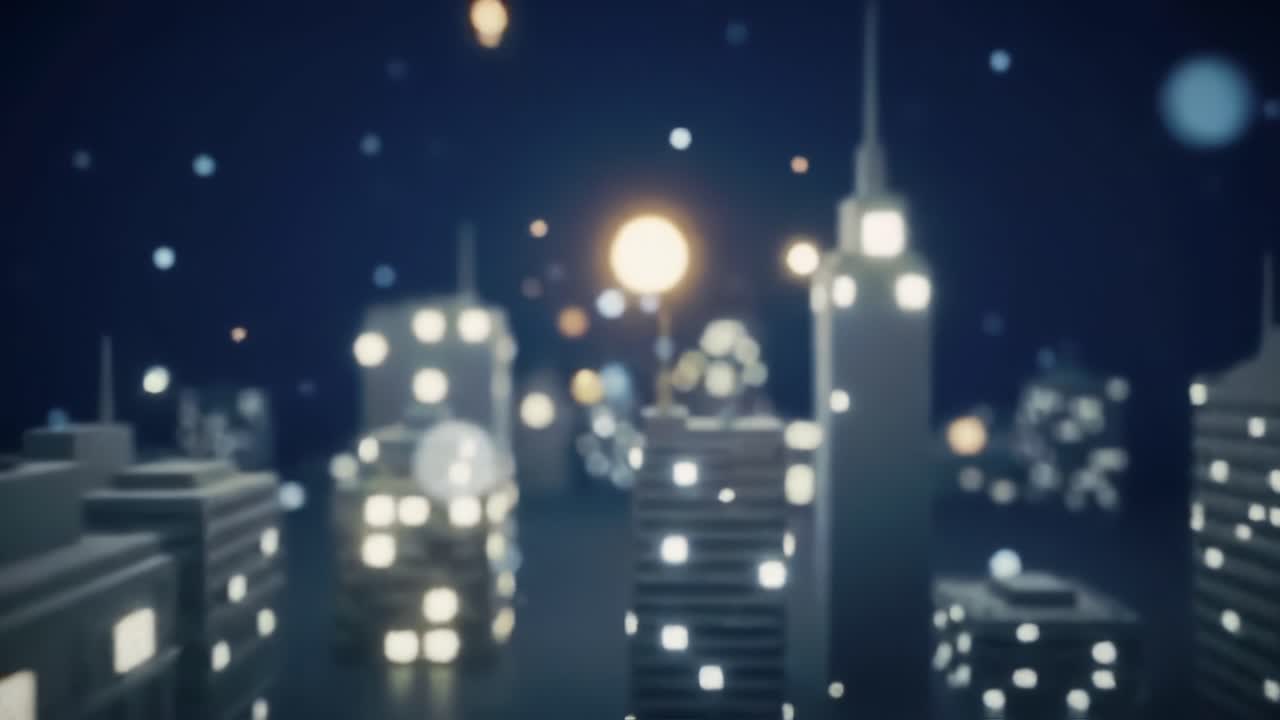 A Glimmering Urban Nightscape: Artistic Representation of a City Filled with Sparkling Lights and Abstract Architectural Features Overlooking a Starry Sky