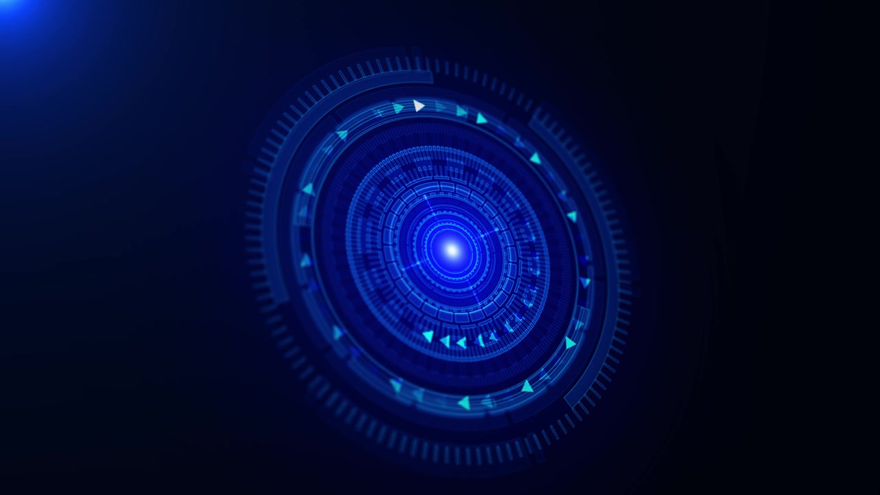 Futuristic blue radar interface visual with layered circular graphics center light and sleek dark