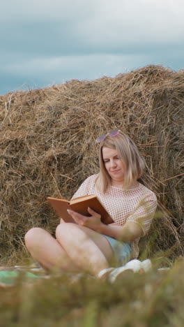 estudiante con gafas de sol en la cabeza descansando contra la bala de heno, leyendo con una cálida sonrisa, un entorno rural pacífico con árboles borrosos en el fondo lejano