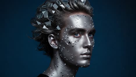 a striking transformation showcasing the enigmatic beauty of a model adorned with reflective silver and geometric shapes, embodying a futuristic and artistic essence