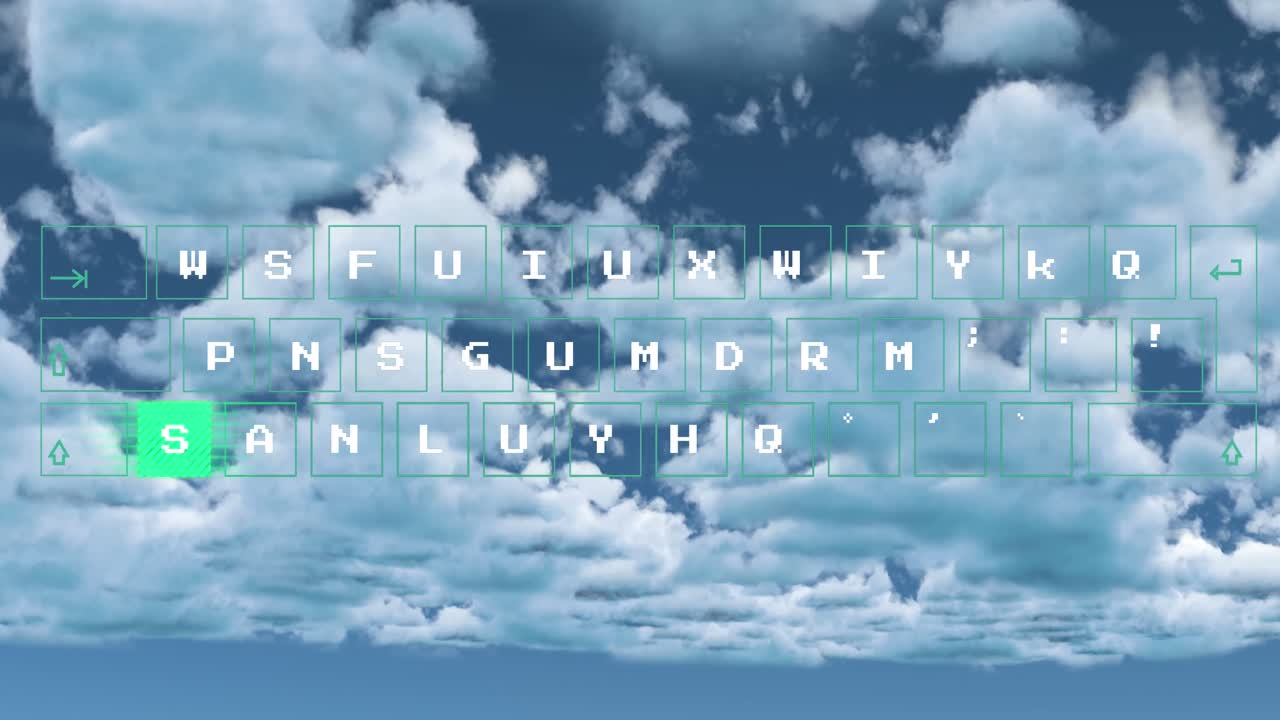 Animation of data processing on computer keyboard over clouds