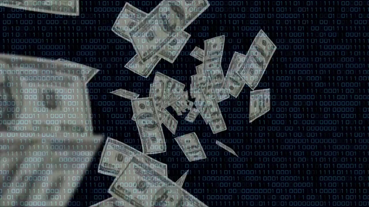 Banconote USD che entrano dai bordi, muovendosi verso l'interno, formando un vortice, mostrando il flusso di denaro in un campo binario