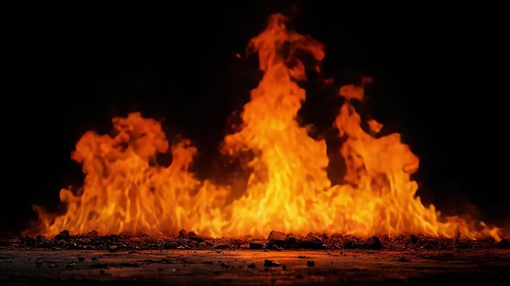 Dynamische Flammen, die über einem dunklen Hintergrund aufsteigen, fangen die intensive Energie und Bewegung des Feuers ein, während es mit lebhaften orange- und gelbtönen tanzt und flackert.