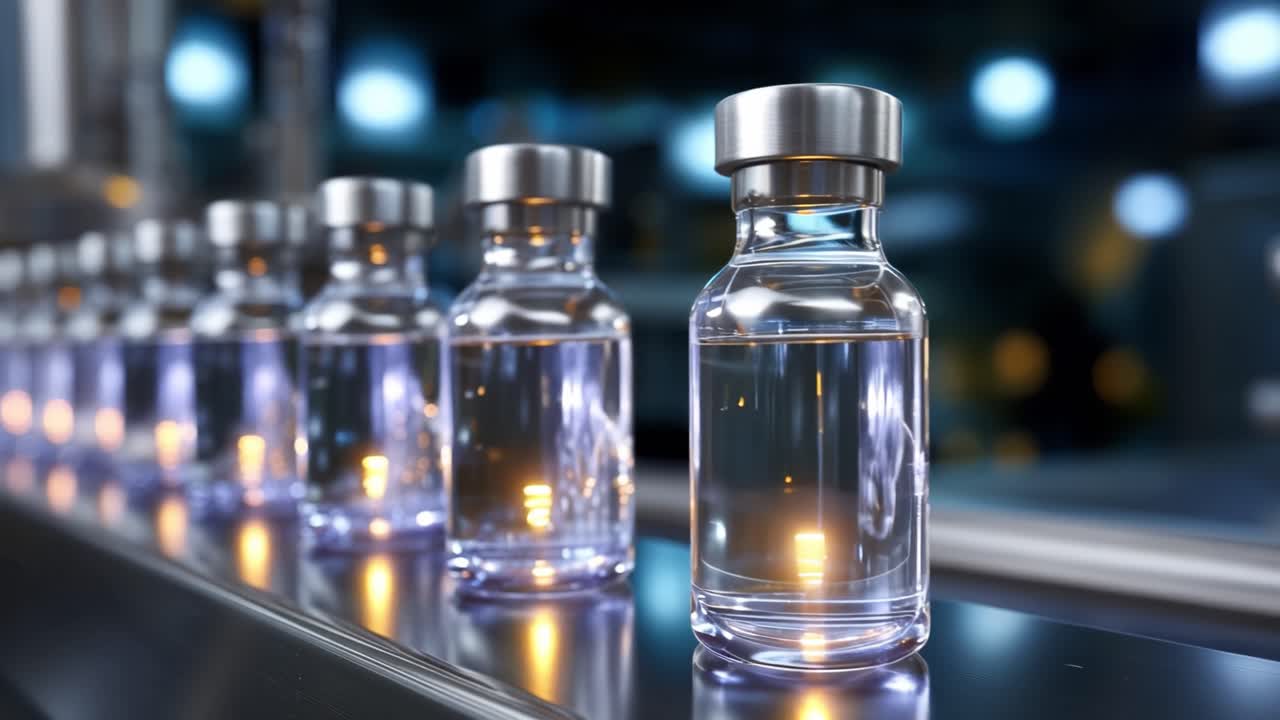 Een stroom van heldere glazen flesjes gevuld met vloeistof op een productielijn in een moderne industriële omgeving onder felle lichten.