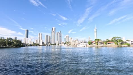 city skyline with waterfront and clear sky