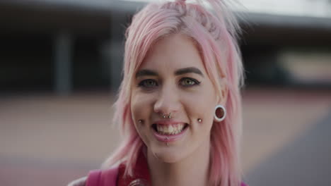 close up portrait young punk girl smiling happy woman enjoying pink hair fashion style independent female individuality slow motion