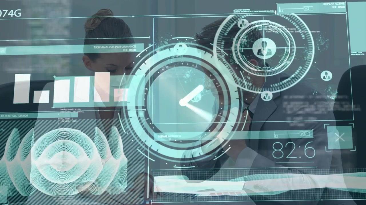 Business Professionals Collaborating with Digital Data Interface