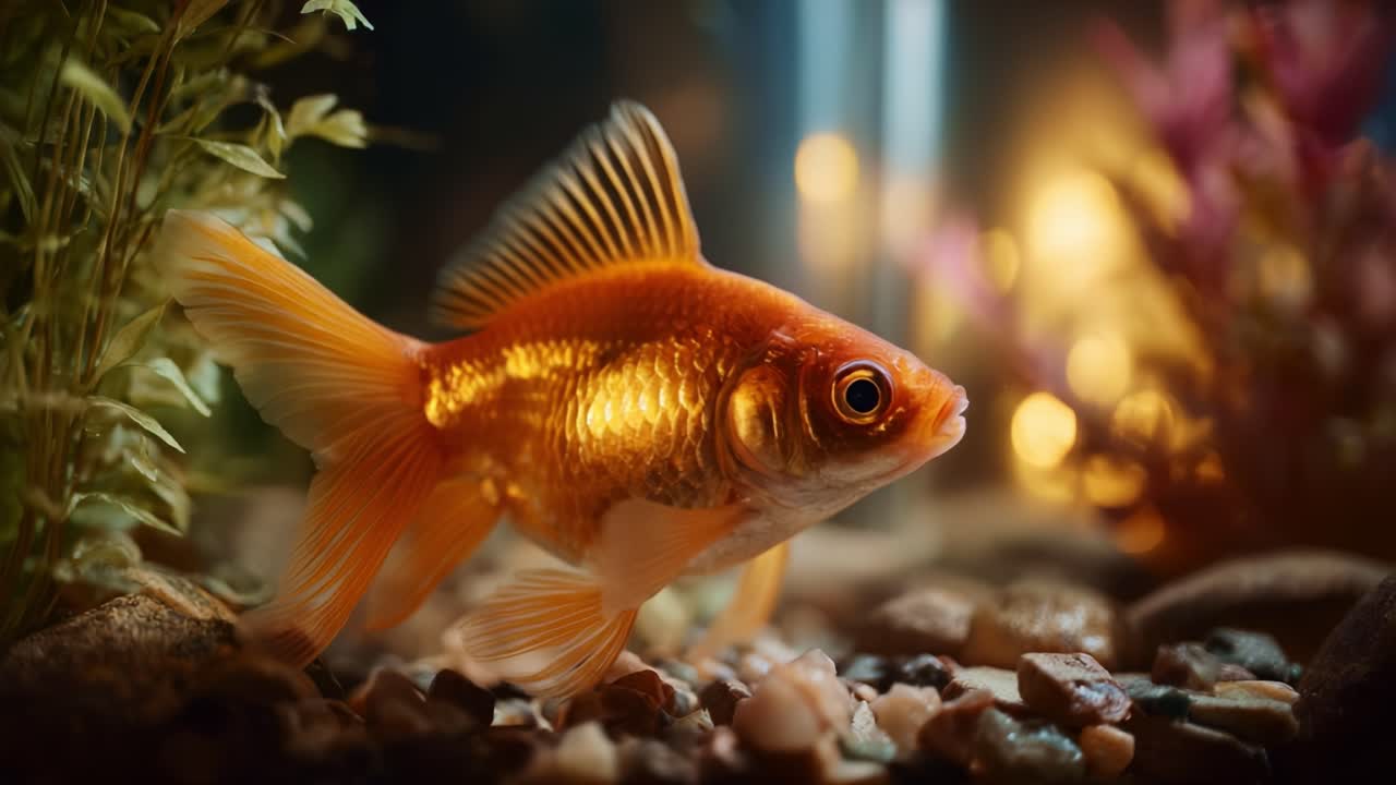 Um peixinho dourado deslumbrante nadando graciosamente em um aquário colorido, cercado por plantas vibrantes e pedras decorativas sob efeitos de iluminação suaves