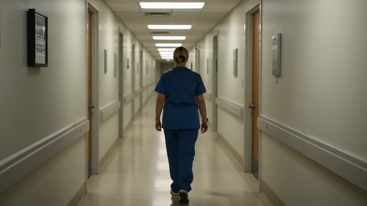 Funcionária caminhando levantando o pé direito em direção aos quartos dos pacientes no corredor da enfermaria, com uniforme cirúrgico azul