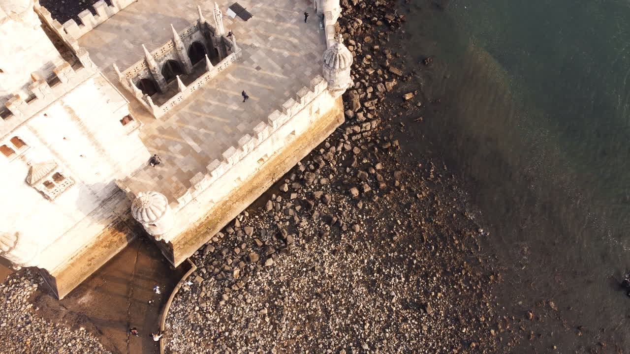 Aerial top view of Torre de Belém's intricate architecture, Portugal
