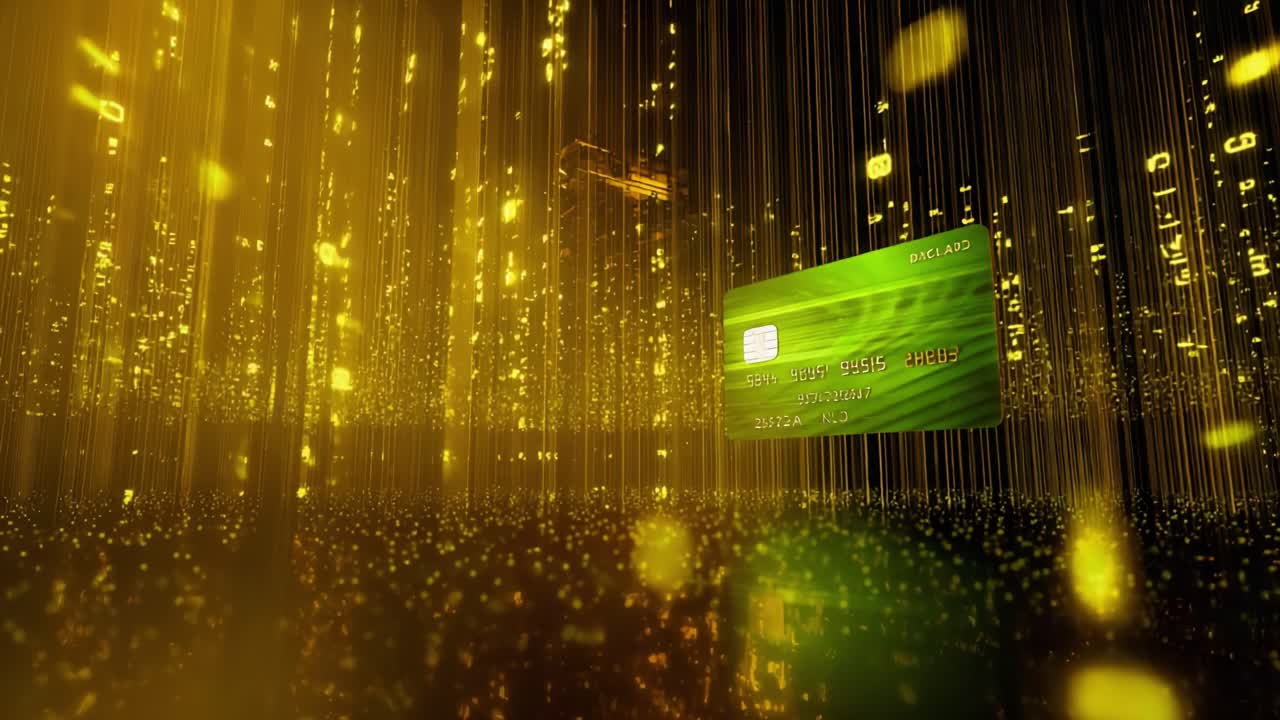 Green credit card floating through a golden digital environment of streaming data and numbers, representing a secure financial transaction and the world of fintech, e commerce, and online banking