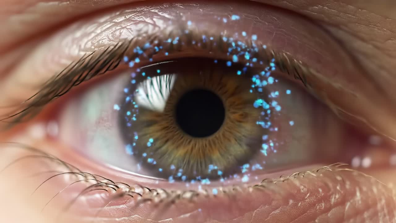 A Captivating Close-Up of a Human Eye Sparkling with Glimmering Blue Particles, Creating a Stunning Visual Experience of Intricate Details