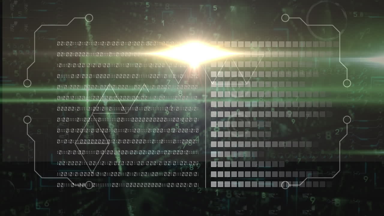 Animation of binary coding, data processing over glowing computer circuit board