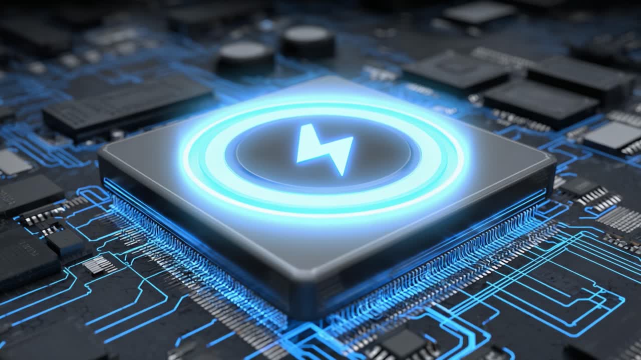 High-tech Computer Processor with Illuminated Circuitry, Showcasing Advanced Electrical Components and Innovative Design Features in a Modern Technological Environment