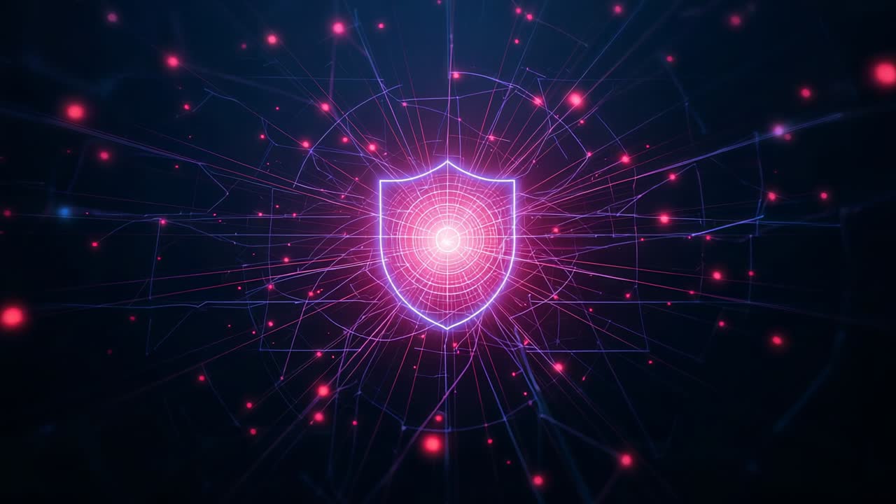 Initiating shield icon glowing with grid rings, radiating lines and pulsing red nodes in cyberspace