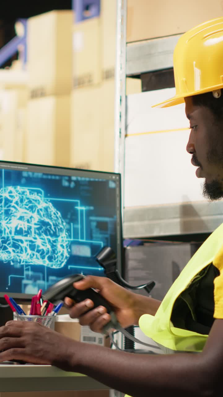 Vertical Video African american employee scanning barcodes for AI generated tracking software