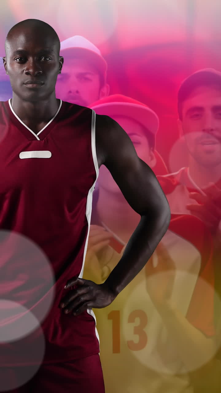 Pontos de luz sobre retrato de jogador de basquete masculino afro-americano com fãs torcendo