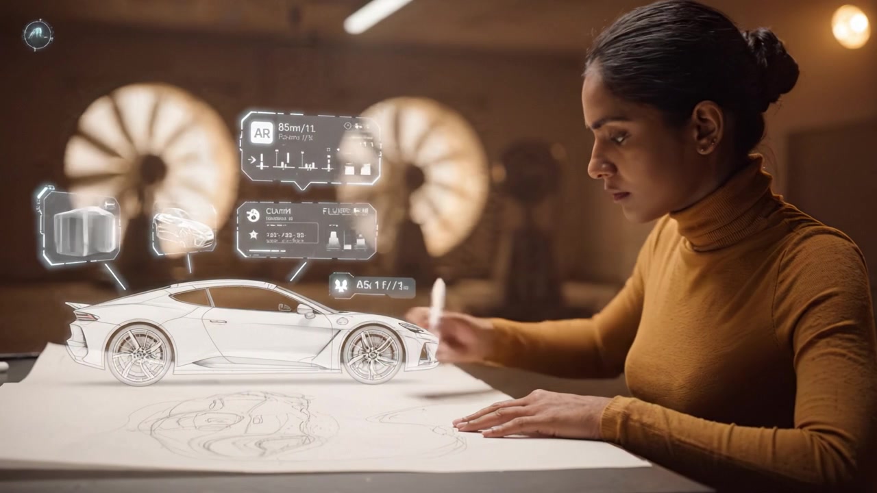 Un diseñador aspirante participa en una sesión de bocetos de realidad aumentada, ilustrando un concepto de vehículo futurista rodeado de ventiladores industriales y creatividad
