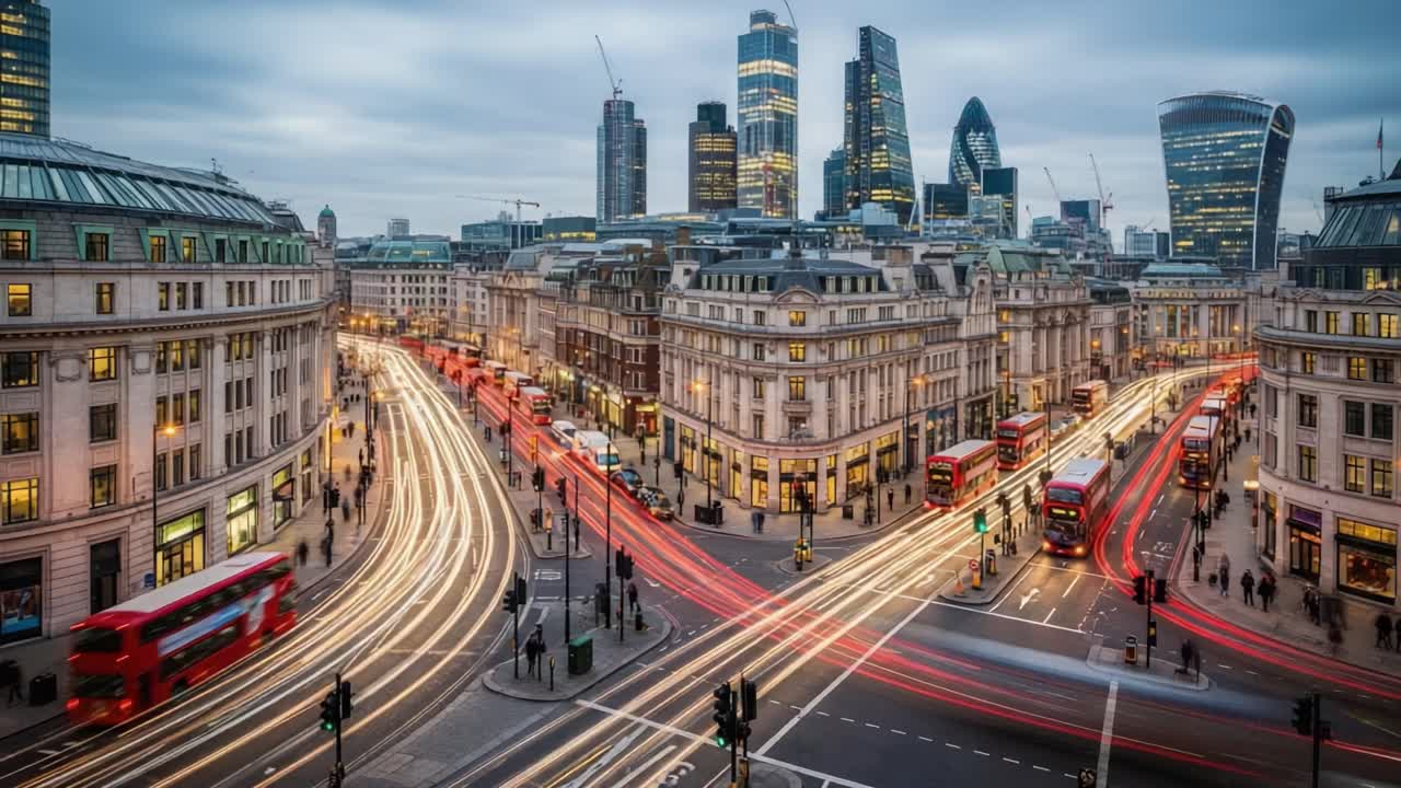 Dynamic Night Cityscape of London with Traffic Light Trails