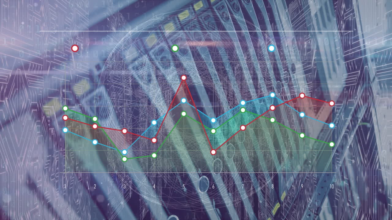 animación de gráficos rojos, azules y verdes con procesamiento de datos a través de placas base y servidores