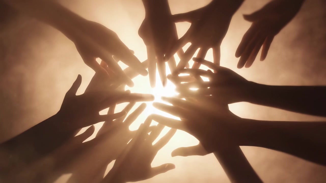 Silhouettes of Many Hands Reaching Towards a Bright Central Light