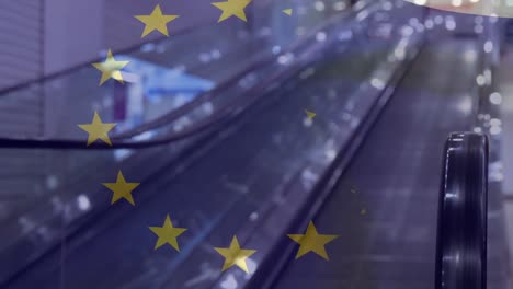 Animation-of-european-union-waving-flag-over-cityscape