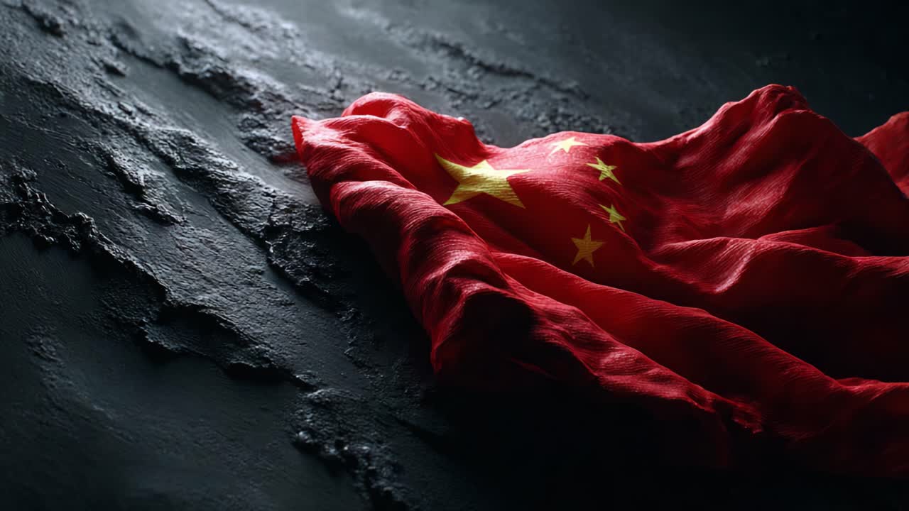 A Beautifully Draped Chinese Flag on Textured Black Surface, Capturing the Rich Colors and Details While Creating a Striking Visual Contrast