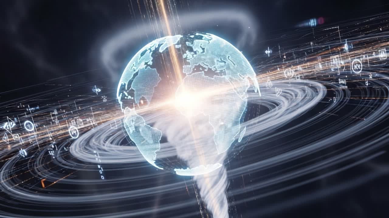 A Stunning Visualization of a Global Digital Network, Featuring a Glowing Earth at Its Center Surrounded by Dynamic Data Trends and Spiraling Energy Patterns