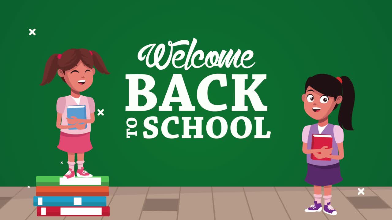 학교 소녀와 칠판을 가진 학교 애니메이션으로 돌아갑니다.