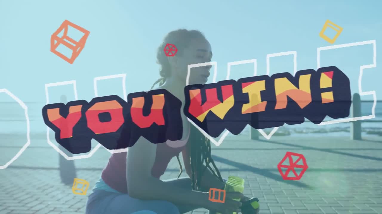 단어의 애니메이션 당신은 바다의 산책로에서 물을 마시는 여자를 이긴다