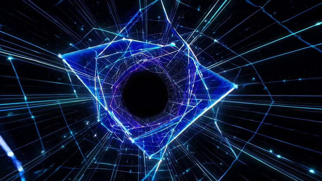 Concept video futuristico di un tunnel digitale con linee blu luminose