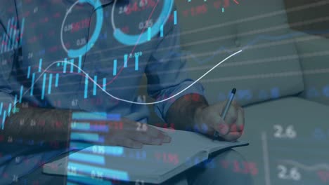 animación de datos financieros sobre la sección media de un médico caucásico haciendo notas