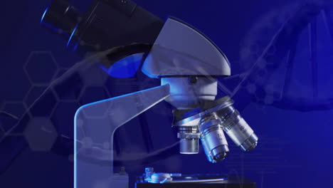 animación de estructuras químicas sobre el microscopio de laboratorio sobre fondo azul
