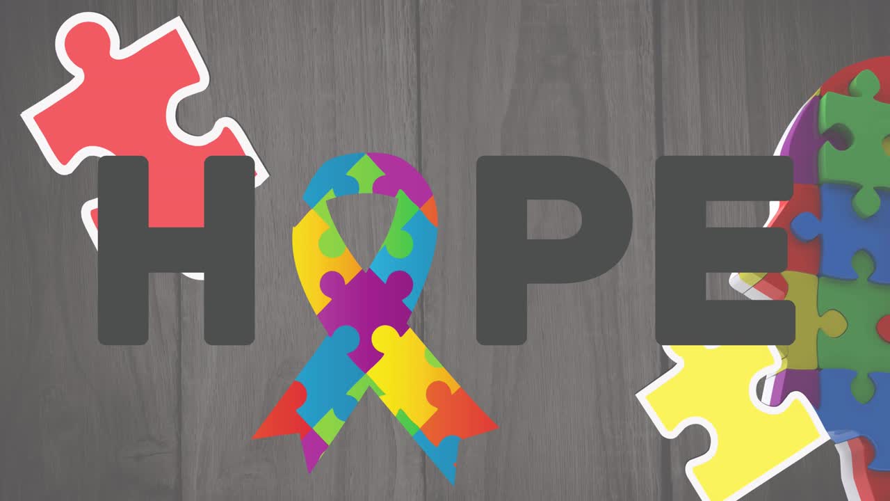 animación de texto de esperanza con cinta formada con rompecabezas en fondo gris