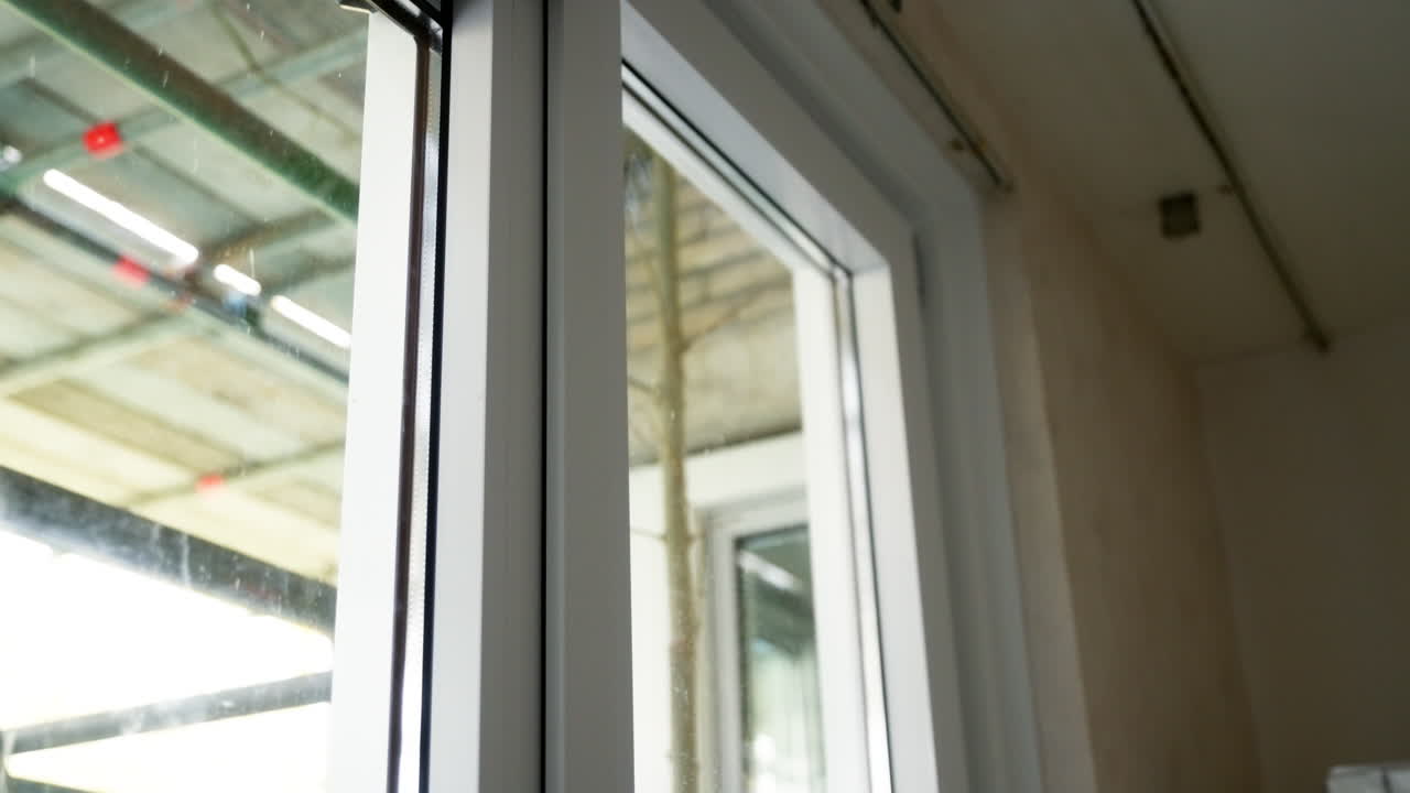 Close-up view of a white window frame with a key inserted in the lock, showing part of an indoor building interior under construction or renovation